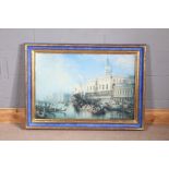 20th Century Venetian print depicting a gondola race, housed in a gilt and blue painted glazed