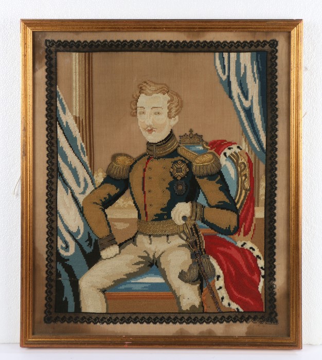 19th Century woolwork picture depicting Prince Albert in a seated position, housed in a gilt