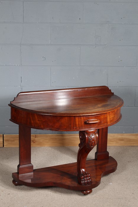 Early 20th Century mahogany demi-lune occasional table, with frieze drawer above a scroll carved - Image 2 of 2