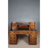 19th century mahogany writing desk, the top having gallery back, two banks of drawers with locking