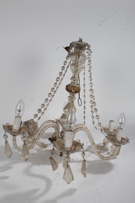 Glass chandelier, with a glass central column and gilt metal collars and six branches, 53cm high