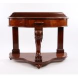 Early 20th Century mahogany demi-lune occasional table, with frieze drawer above a scroll carved
