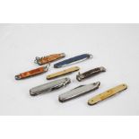 Eight miniature penknives, to include two with bone handles, two with marble effect handles etc. (