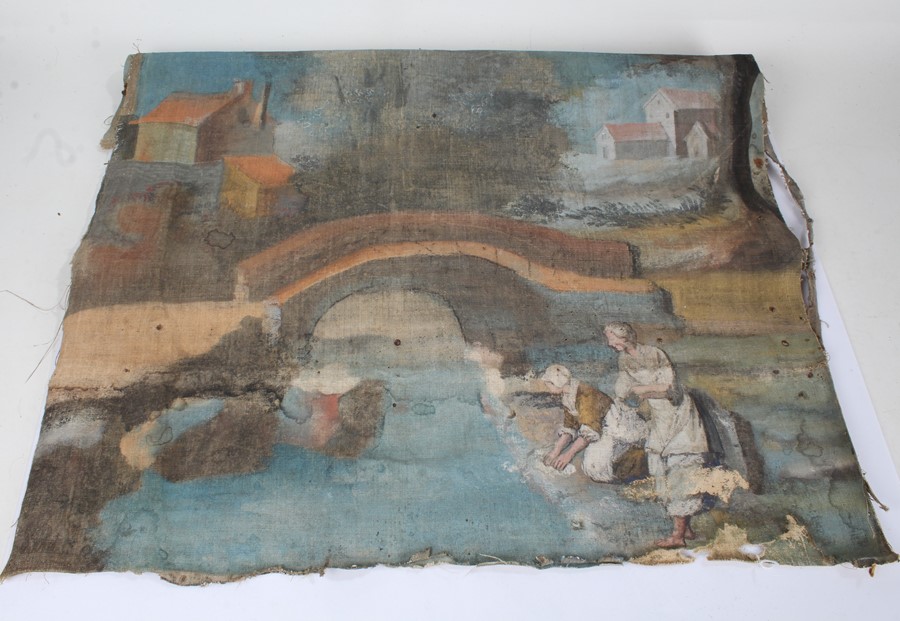 Unframed 19th Century painting, of washer women by a river with buildings in the background, 76cm