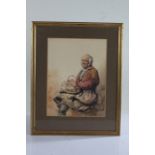 19th Century watercolour depicting an elderly gentleman weaving a basket, unsigned, housed in a gilt