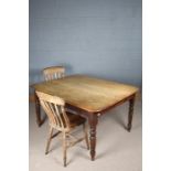 19th Century pine kitchen table, the rectangular top above four turned legs, 136cm wide, 107cm