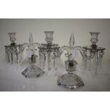 Pair of Victorian glass candelabra, the central hexagonal tapering centres flanked by two scrolled