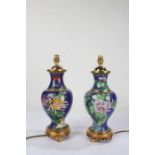 Pair of Japanese cloisonné baluster vase form reading lamps, the blue ground with foliate, bird