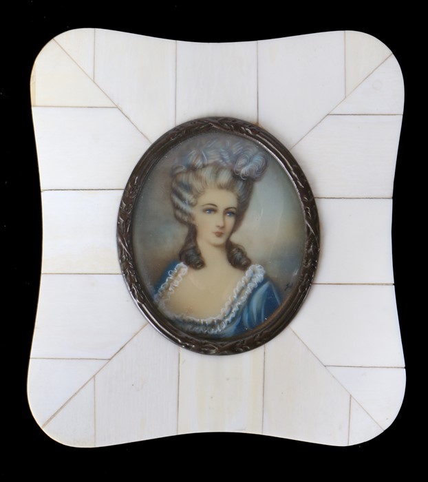 19th Century hand painted miniature portrait, depicting a lady wearing a blue dress, housed within