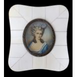 19th Century hand painted miniature portrait, depicting a lady wearing a blue dress, housed within