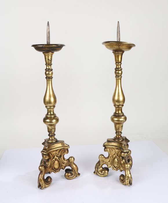 Pair 18th Century gilt bronze pricket altar sticks, with knobbed stems and trefoil scroll legs, 60cm - Image 2 of 2