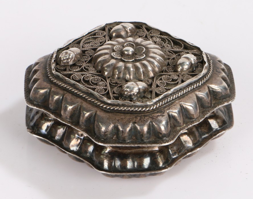 19th Century Continental silver box and cover, the lid with cast acorn, foliate and scroll