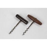 Two 19th Century corkscrews, with turned wooden handles and steel corkscrews, 12.5cm and 12cm long
