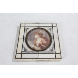 19th Century hand painted miniature portrait, depicting a lady with red hair holding a dog, the