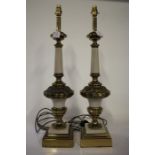 Pair of large decorative table lamps, gilt-brass and white on square stepped bases, 72cm high, 15.
