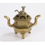 19th Century Chinese bronze censer, the pierced hexagonal lid with dog form finial above a hexagonal