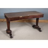 Victorian rosewood centre table, the plain rectangular top with rounded corners above a single