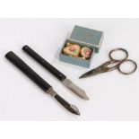 A. Arbenz Jougne Patent corn extirpator, J. Rodgers & Sons scalpel, pair of Sheffield Made steel