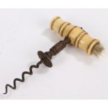 19th Century ivory handled corkscrew, the handle with brush, 15cm long