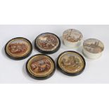 Six 19th Century Pratt ware pot lids, to include three Shakespeare related, another of Trafalgar