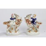 Pair of 19th Century Staffordshire figures, each in the form of ladies on goats, 14.5cm high (2)