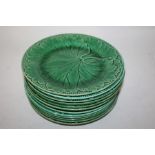 Collection of twelve Victorian Wedgwood green glazed leaf plates, all with impressed marks to