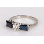 Art Deco platinum sapphire and diamond set ring, the central diamond at an estimated 0.50 carat