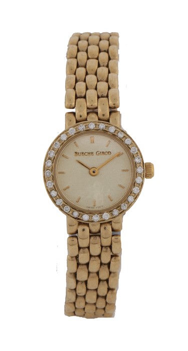 Bueche Girod 9 carat gold and diamond set ladies wristwatch, the signed gilt dial with baton