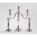 Sheffield plate candelabra, the three gadrooned sconces on reeded scrolling foliate cast stems, with