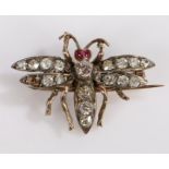 Victorian insect brooch, with four diamond set wings and body with two rubies for eyes, 30mm