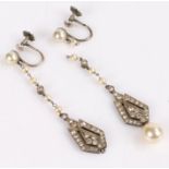 Art Deco style pair of silver pendant earrings, with long pearl set chain and Art Deco drops set