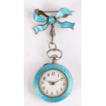 Ladies silver and turquoise enamel decorated pendant watch, the white enamel dial with Arabic