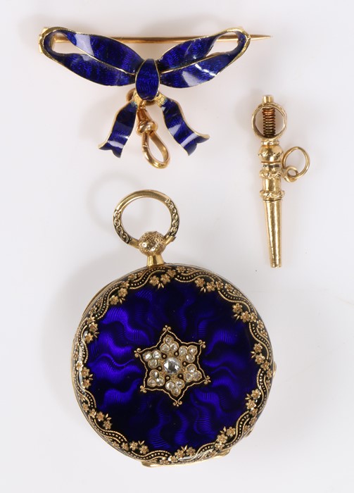Late 19th century French gold, blue enamel and diamond set pendant fob watch, by Le Roy & Fils, - Bild 2 aus 2