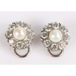 Pair of diamond and pearl earrings, eight diamonds surrounding a central pearl (2)