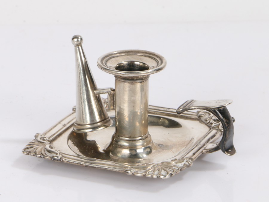 George III silver chamber stick, London 1814, maker I.C, with scroll cast drip tray and detachable