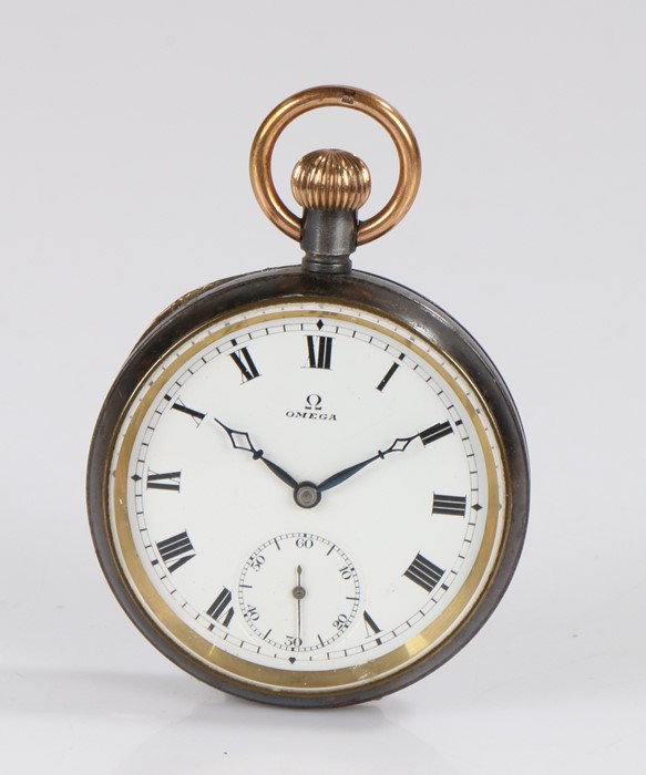 Omega base metal cased open face pocket watch, the signed white dial with Roman numerals and