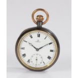 Omega base metal cased open face pocket watch, the signed white dial with Roman numerals and