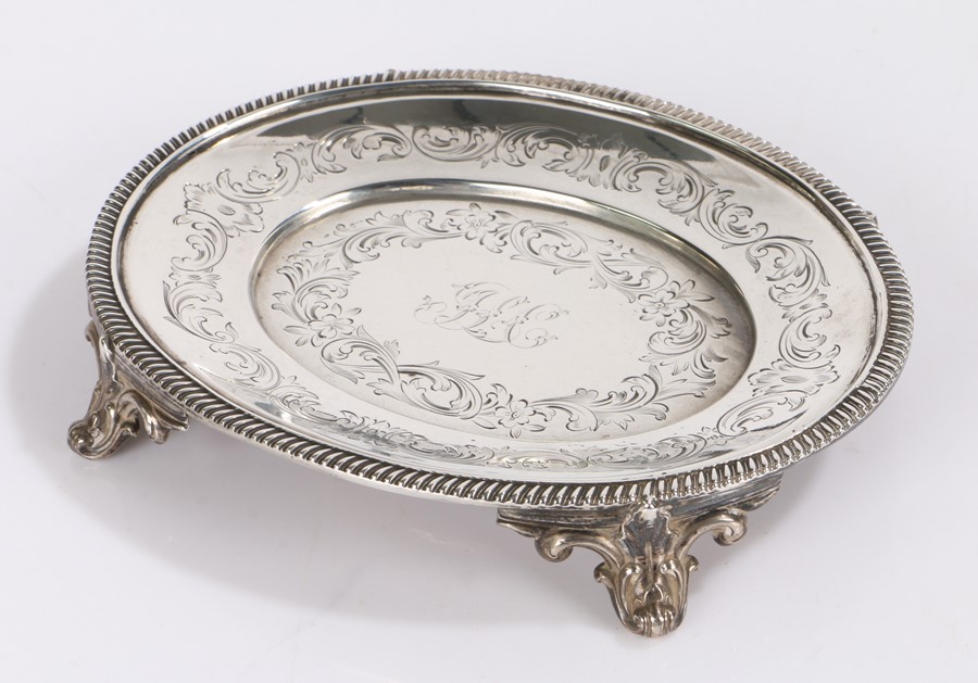 Victorian silver teapot stand, London 1856, maker George John Richards, of oval form with