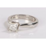 Platinum diamond set solitaire ring, the princess cut 1.01 carat diamond ring set to the platinum
