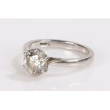 Platinum and set diamond solitaire ring, the diamond at approximately 2.0 carat with a six claw