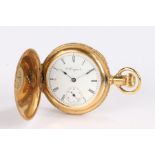 Elgin 18 carat gold ladies hunter pocket watch, the case with foliate decoration and shield shaped