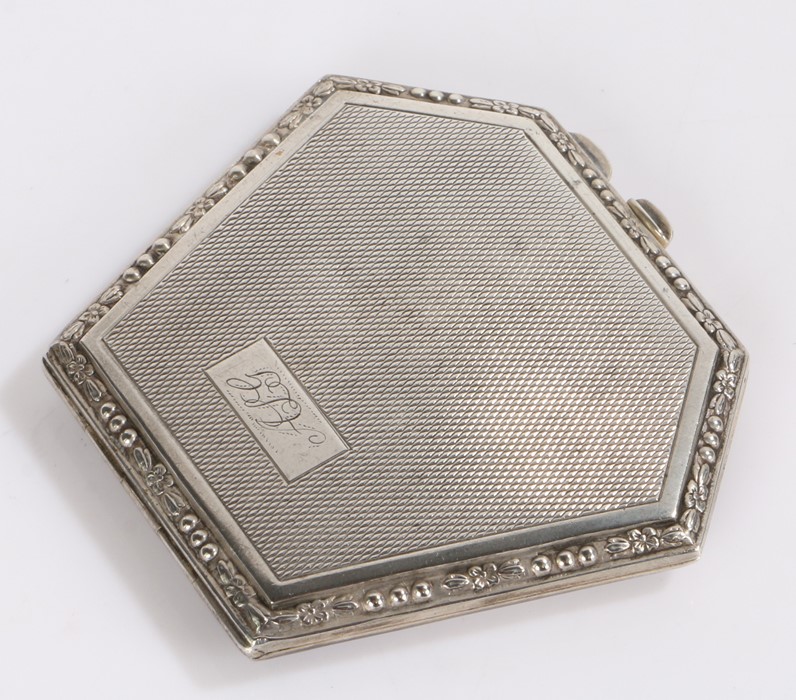 Elizabeth II silver powder compact, Birmingham 1953, maker William Adams Ltd, the engine turned