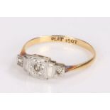 18 carat gold Art Deco diamond set ring, with three diamonds to the platinum head, 1.5 grams, ring