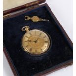 18 carat gold open face pocket watch, the gilt dial with Roman numerals and central foliate