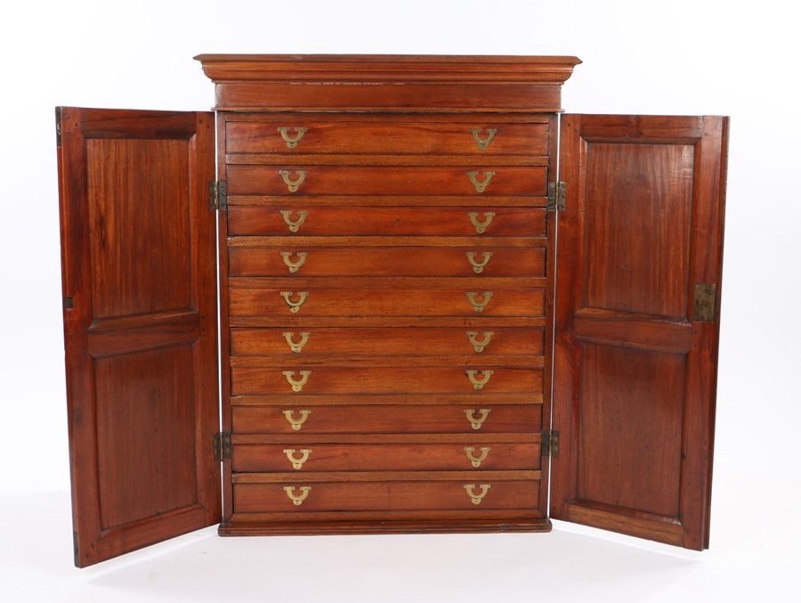 Victorian mahogany specimen cabinet, the stepped pediment above two panelled cupboard doors