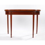 Regency mahogany tea table, the rectangular top with satinwood crossbanded edge and bowed corners