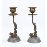Pair of 19th Century novelty candlesticks, with a candle holder above two acrobatic bears on a