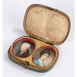 George III shagreen case, housing two portrait miniatures of a lady in a blue dress and a man in a