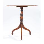 Regency mahogany occasional table, with tilt top, raised on a turned stem and ebony strung tripod