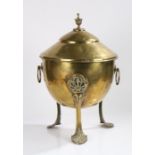 Victorian brass hot coal vase with lid, splayed tripod feet and ring handles, 34cm wide, 59cm high